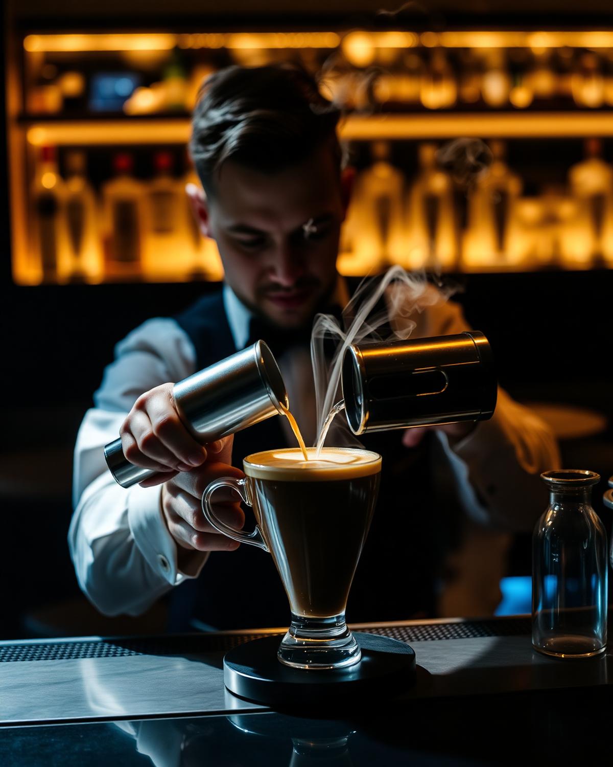 A barista finishing a signature pour at the Dayre counter